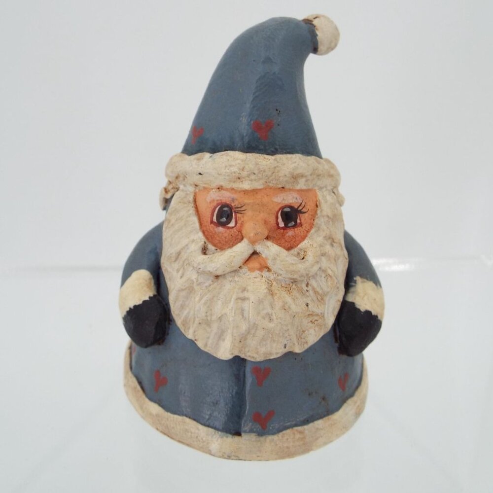 Vintage 2.75" Folk Art Santa Figurine Blue Coat and Hat with Hearts